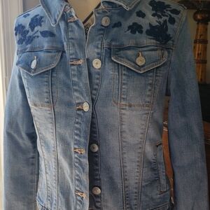 Vintage America Light Blue Jean Jacket with Navy Floral Accents